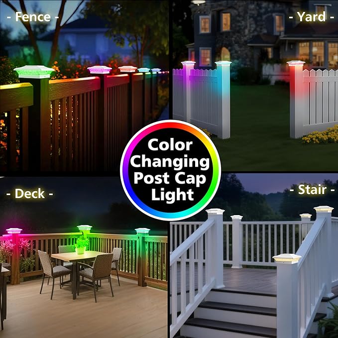T-SUN Solar Post Cap Lights with Auto-Change Colors- for Vinyl/Wooden Posts Weatherproof Outdoor Solar Fence Post Lights for Deck, Porch, Garden & Stairs(24-Pack,RGB)
