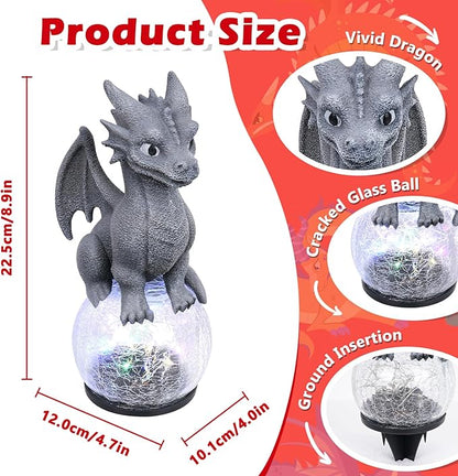 Dragon Garden Statue with Solar Crackle Glass Ball - Gothic Outdoor Decor for Patio & Yard - Mystical Dragon Guardian Figurine, Fantasy Gift for Men & Dragon Lovers