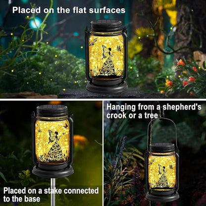 2 Pack Outdoor Hanging Solar Lanterns, Birthday Mothers Day Gifts for Women Mom Grandma,Fairy Butterfly Vintage Glass Mason Jar, Waterproof Garden Lights for Patio Yard Lawn Tree Party Decor