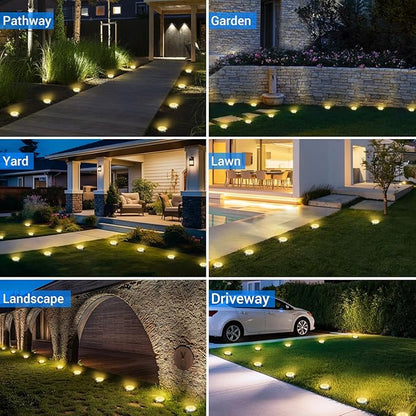 Peasur Mini Solar Ground Lights Outdoor, 4 Pack Flat Solar Powered Disc Lights, IP68 Waterproof, Anti-Rust, Landscape Lighting for Pathway Garden Yard Lawn Walkway Landscape Driveway, Warm White