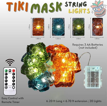 Hawaiian Luau and Summer Party Decorations, 7FT 20PCS Tiki Mask LED String Lights, Waterproof Battery Operated Tropical Fairy Lights for Backyard Porch Patio Pool Garden Bar Festive Lighting