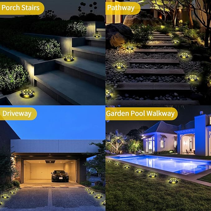 Solar Ground Lights Outdoor Waterproof, 8 Pack 12 LEDs Solar Garden Disk Lights Landscape Lighting for Outside Pathway Deck Yard Patio Lawn Driveway Walkway Deco (Warm Lights)