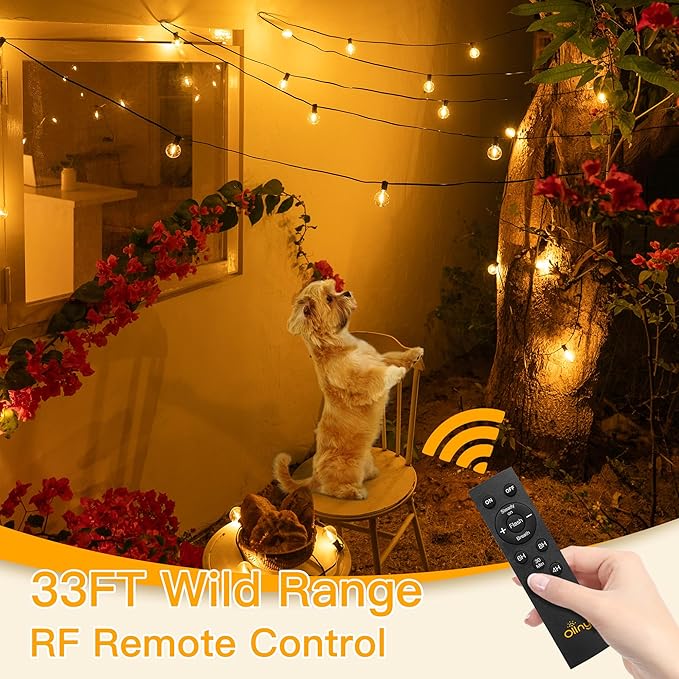 Ollny 35FT Solar Patio Lights, Waterproof Remote Control Dimmable Timers 3Modes Outdoor Light with 15 LED + 1 Spare Shatterproof Bulb, G40 String Lights for Outside Camping Backyard Tree Bistro