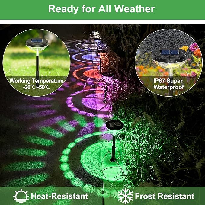 Nupostai Bright Solar Pathway Lights 2 Pack, Color Changing + Warm White LED, IP67 Waterproof Solar Garden Lights for Walkway, Yard, Backyard, Lawn Decorative