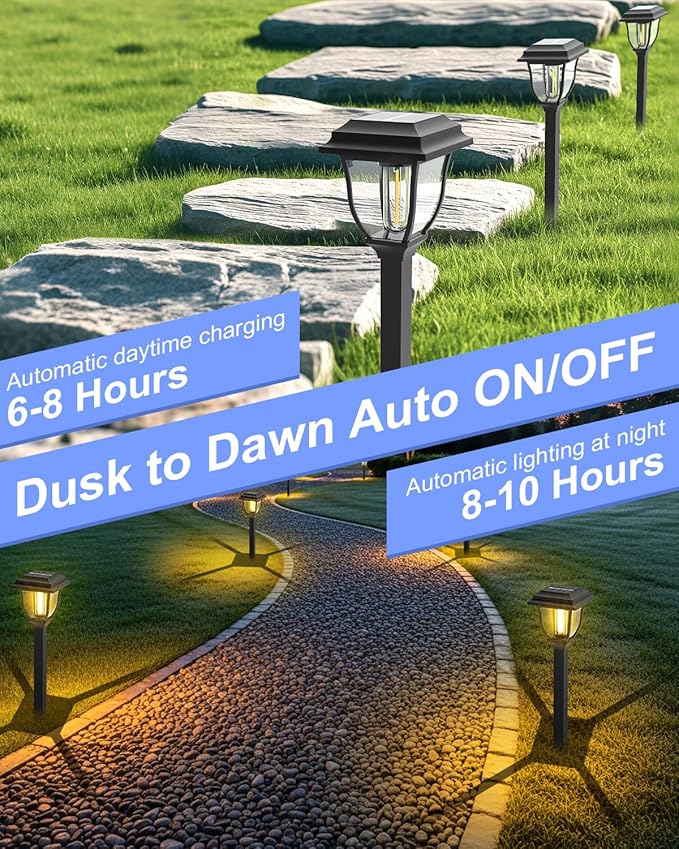 Solar Pathway Lights 12 Pack Outdoor 3000K Bright Auto On/Off Solar Garden Lights Long Lasting Solar Powered Landscape Light for Path Yard Walkway Lawn Driveway Decor Lighting - Warm White