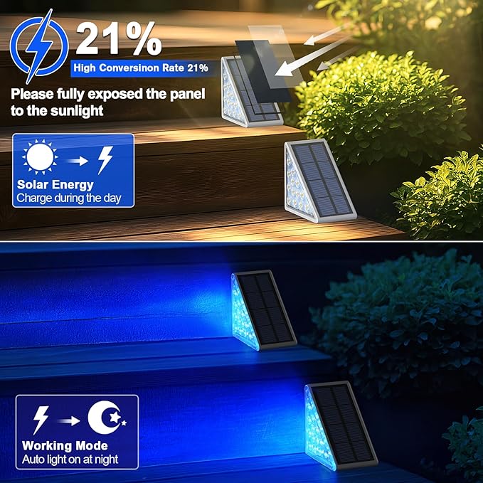 2 Pack Solar Stair Lights, Outdoor Step Lights with Waterproof IP67, Blue Color LED Solar Light for Outside Light Decor for Stair, Deck, Front Step, Front Porch, Patio and Backyard