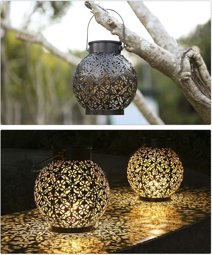 Solar Lanterns Outdoor Hanging Solar Lights Decorative Garden Lights Metal Waterproof Table Lamp for Patio Porch Backyard Pathway (2 Pack)