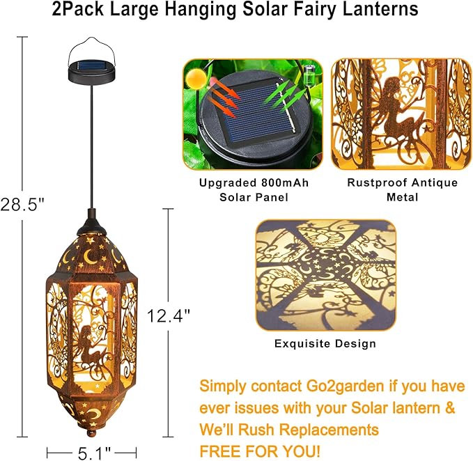 Go2garden 12.4" Solar Outdoor Lanterns Waterproof Garden Gifts Women, Moon Solar Outdoor Lights for Balcony,Backyard Porch Mothers Day Gifts for Mom, Grandma(2Pack, Red Copper)