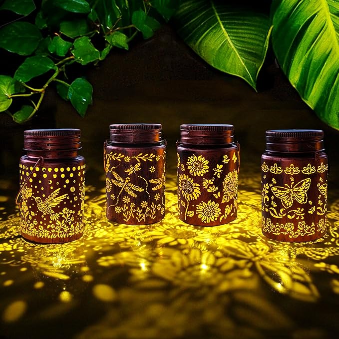 4pack Solar Outdoor Mason Lanterns, Hummingbird Butterfly Dragonfly Sunflower Garden Decor LED Light Hanging Waterproof Metal Lanterns for Patio, Pathway, Yard (Art Deco 4pack)