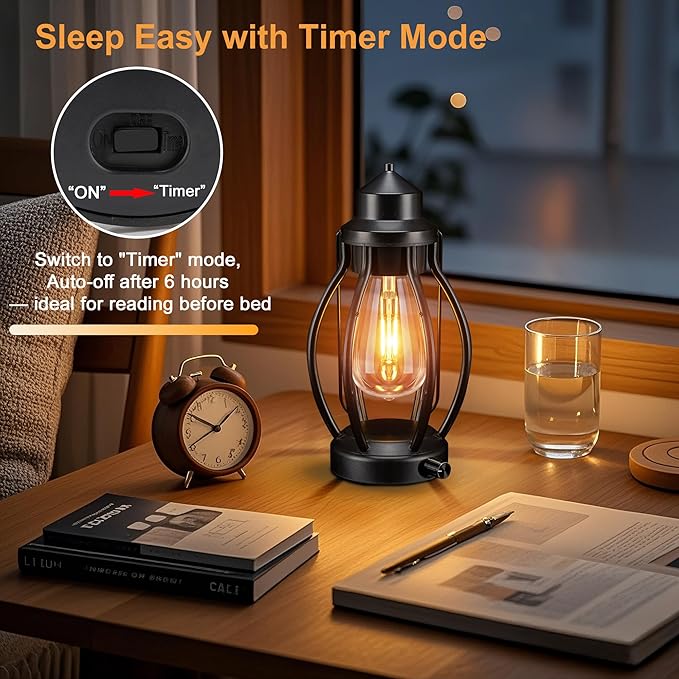 pearlstar Rechargeable Battery Operated Lantern 2 Pack Black Vintage Portable LED Decorative Camping Lamps Outdoor & Indoor, Dimming Warm Light with Timer, for Table Patio Garden Yard Pathway Porch