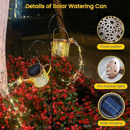 Solar Lights Outdoor Decorative, 2 Pack Metal Watering Can Lights Waterproof, Small Hanging Garden Decor Yard Outside Patio Lawn, Gifts for Mom Grandma Women Birthday(Warm White)