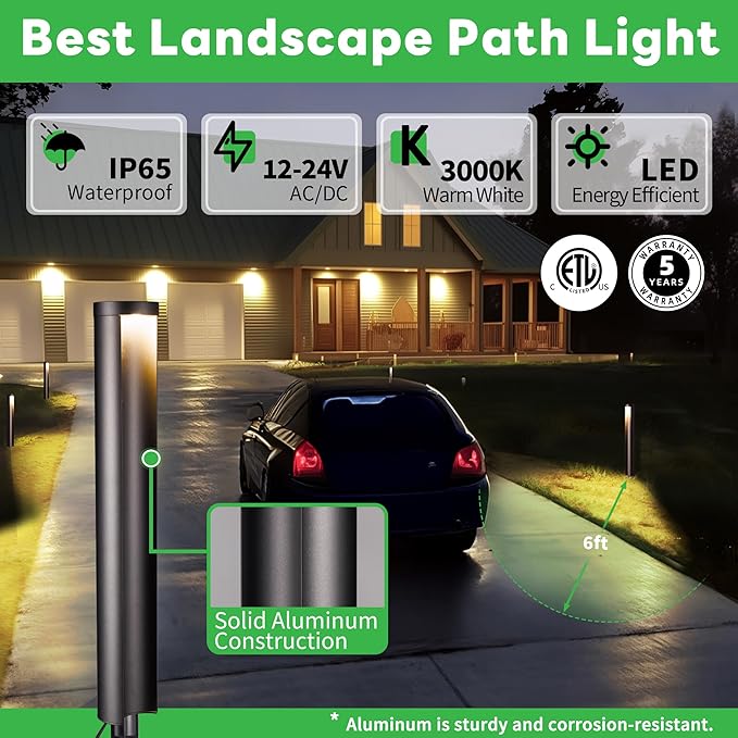 Low Voltage Pathway Lights 12V, LED Landscape Path Lights, Outdoor Waterproof Wired 5W 200LM, Black Aluminum Garden Yard 12 Pack