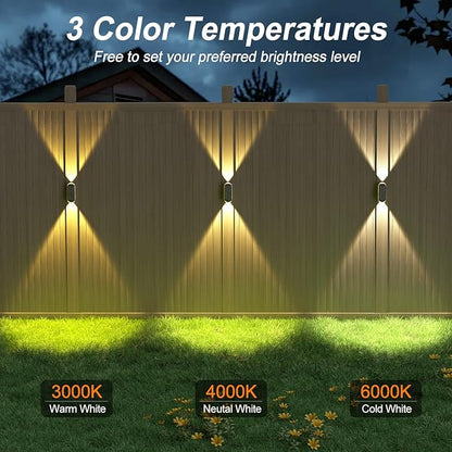 Ellasay 8 Pack Fence Lights Solar Powered, Up and Down Focus LED Solar Wall Lights Outdoor, IP67 Waterproof Solar Lights for Outside Patio, Backyard,Porch,Railing,3 Color Modes