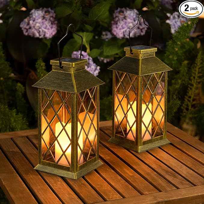 2-Pack Hanging Solar Outdoor Lanterns, Elegant Waterproof LED