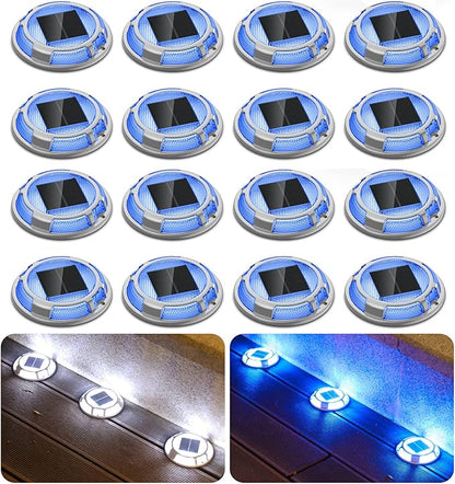 Solar Driveway Lights Dock Lights Waterproof 16 Pack, 2 Colors in 1 Outdoor LED Solar Deck Lights, Solar Powered Walk Way Light Road Marker for Warning Stair Pathway Patio Yard (Blue & White)