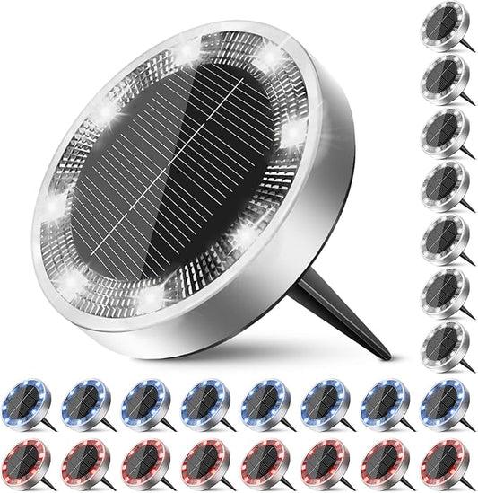 Peasur Solar Ground Lights Outdoor, 24 Pack Flat Solar Powered Disc Lights, IP68 Waterproof, Anti-Rust, Landscape Lighting for Pathway Garden Yard Lawn Walkway Landscape Driveway, Red+Blue+Cool White