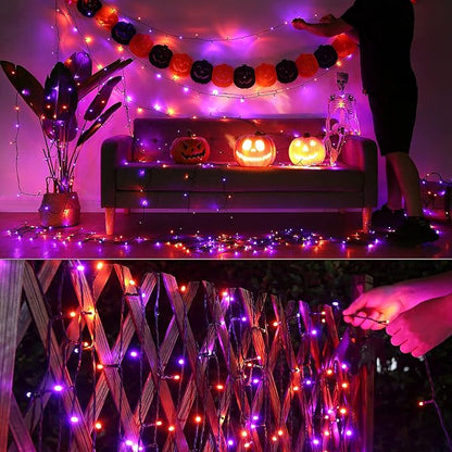 Joomer Orange Purple Halloween Lights, 66ft 200 LED Battery Operated String Lights Waterproof with 8 Modes & Timer Function for Halloween Outdoor Indoor Decorations