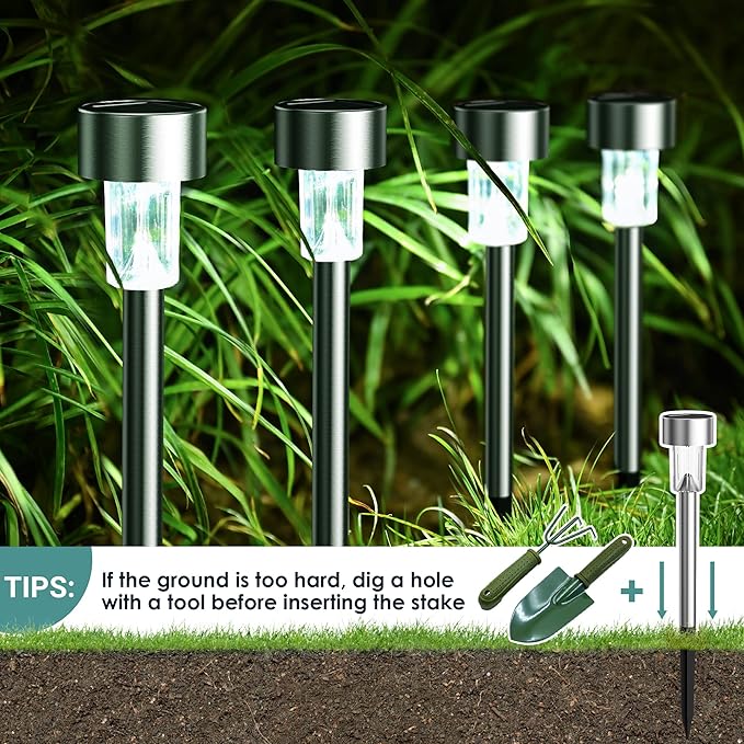 GIGALUMI 16 Pack Solar Lights Outdoor Waterproof,Stainless Steel LED Solar Garden Lights for Patio, Lawn, Yard and Landscape(Cold White)