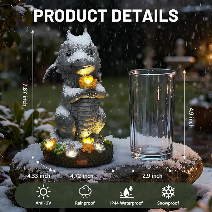 Solar Garden Outdoor Statues Dragon with Succulent, Lawn Decor with LED Lights, Outside Statue for Patio, Balcony, Yard Ornament, Housewarming Valentine's Day Gift for Wife Mom Grandma