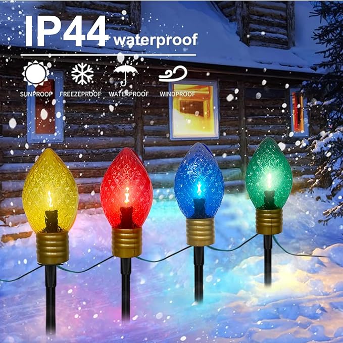 Jumbo C9 Christmas Pathway Lights Outdoor, 2 Pack Total 14Ft 8 LED C9 Giant Multicolor Christmas Walkway Lights, Connectable Outdoor Xmas Decorations Stakes Lights for Lawn Yard Garden Holiday