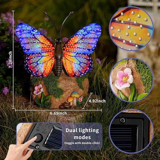 Solar Butterfly Garden Statue Weatherproof Outdoor Hand-Painted Decor Butterfly Resin Figurine Orange