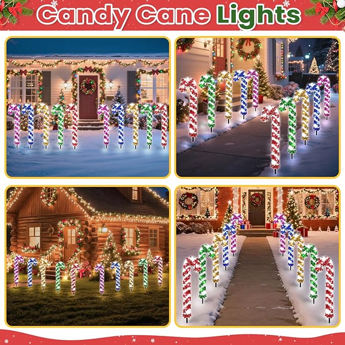 10 Pcs Christmas Candy Cane Lights 21'' Multicolor Candy Cane Pathway Light with 8 Lighting Modes Waterproof Christmas Pathway Lights with Stakes for Walkway Patio Yard Lawn Garden Decoration