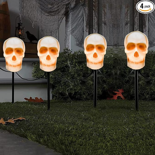 C7 Halloween Skull Pathway Stake Lights, 7 Ft Halloween Pathway String Lights with 4 C7 Bulbs, Stake, Halloweens Decorations Driveway Markers Lights for Outdoor Holiday Garden Walkway Party Lighting