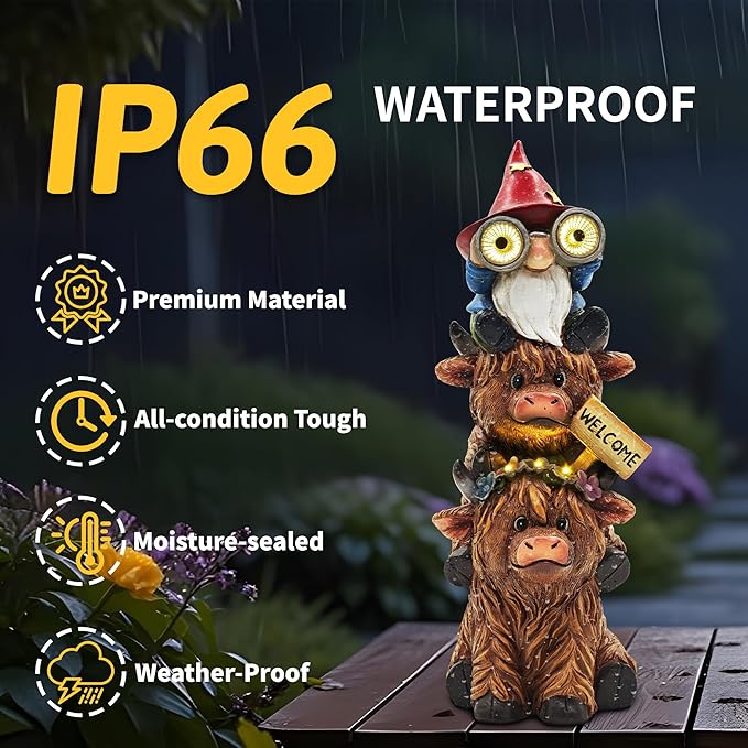 Christmas Garden Gnomes Outdoor Statue: 11'' Highland Cow Decor with Welcome Sign Funny Triple Yard Decorations with Solar Light Unique Birthday Gifts for Women Mother Grandma