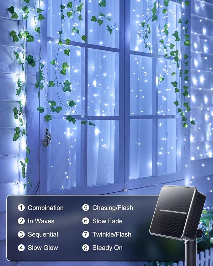Minetom Solar Fairy String Lights, 2-Pack 66ft 200 LED Waterproof Outdoor Lights for Patio & Wedding, Pure White