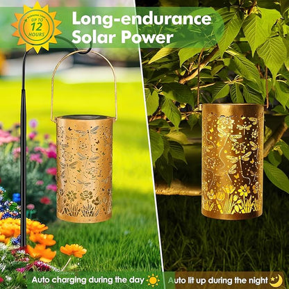 Fabuday Dragonfly Solar Lantern Gift for Women - Daffodils Outdoor Lanterns Waterproof for Patio, Yard, Porch and Pathway, Hanging Outside Garden Decor with Solar Power Lights