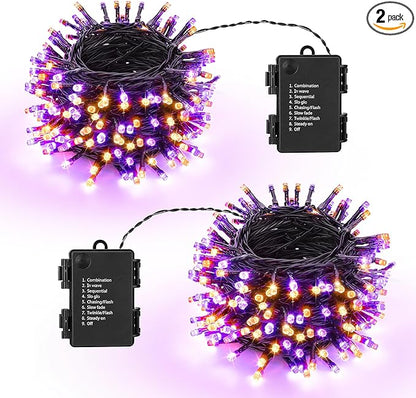 Lomotech Battery Operated Halloween Lights - 2 Pack Total 33ft 100 LED Orange Purple Battery Lights 8 Modes Waterproof with Timer for Home, Garden, Party, Holiday, Tree Decoration (Black Wire)