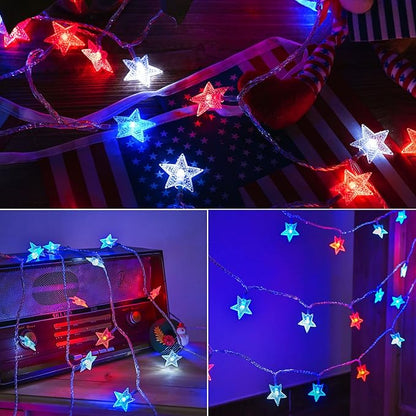 4th of July Decor Lights, Red White Blue Lights Battery Operated 100LED Patriotic Star String Lights 51FT 8Mode Waterproof for Indoor Outdoor 4th of July Independence Day Memorial Day Decor