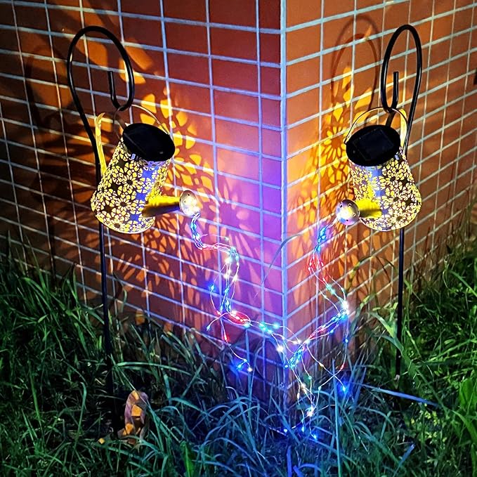 2 Pack Solar Watering Can Lights with Shepherd Hook,Solar Powered Watering Can Light Waterproof Outdoor Garden Hanging Decoration,8 Multi-Color Changing Modes(Multicolour).