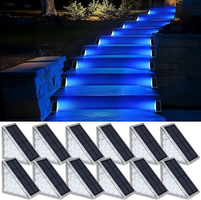12-Pack Blue Solar Stair Lights, Outdoor LED