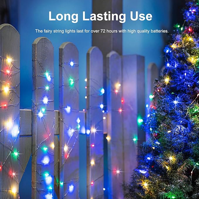 echosari 2 Pack Fairy Lights Battery Operated 200 LED 66Ft Silver Wire Starry Colored String Lights Auto Timer 8 Modes Waterproof Mini Christmas Fairy Lights for Bedroom Wedding Decor (Multicolor)