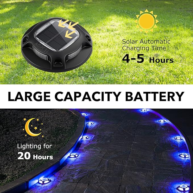 AGPTEK Solar Driveway Lights Outdoor 4 Pack, 2 Color Modes LED Deck Dock Marine Waterproof Security Marker Lights for Step Sidewalk Stair Garden Pathway Walkway Yard(Blue Light/Cool White, Black)