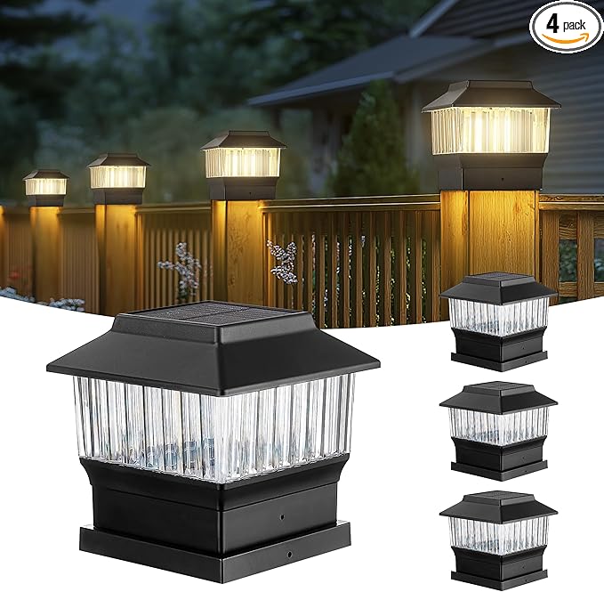 50 Lumen Solar Post Lights, 3 Modes Outdoor Deck Fence Post Cap Lights - 4x4 3.5x3.5 4.5x4.5 or 5.5x5.5, LED Landscaping Patio Garden Yard Decoration Waterproof (4 Pack, Black)