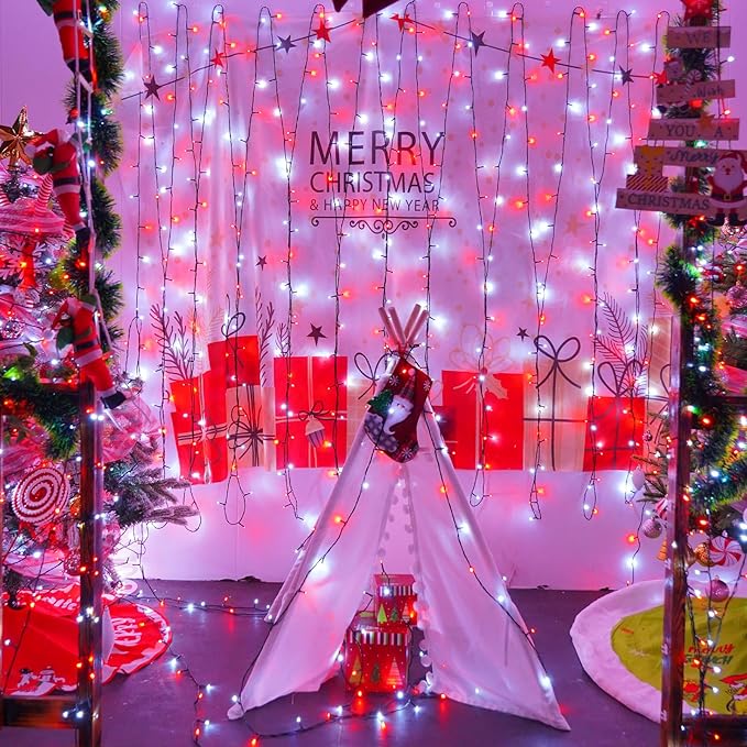 YEGUO Christmas Lights Battery Operated, 2 Pack Each 33ft 100 LED Red and White String Lights Outdoor Waterproof, 8 Modes Green Wire Fairy Light Indoor with Remote