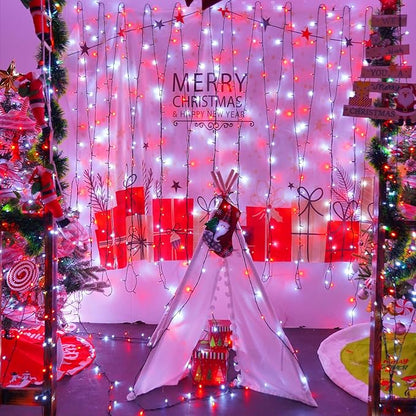 YEGUO Christmas Lights Battery Operated, 2 Pack Each 33ft 100 LED Red and White String Lights Outdoor Waterproof, 8 Modes Green Wire Fairy Light Indoor with Remote