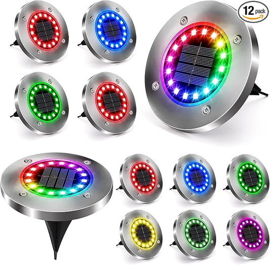 Brizled 12 Pack Color Changing Solar Ground Lights, 16 LED Outdoor Pathway Lights Landscape Lighting, Multicolor Solar Disk Light, Waterproof Disc Puck Light for Pathway Garden Yard Lawn Walkway Decor