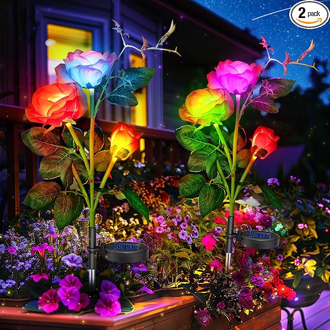 Anordsem Rose Lights Solar Powered for Women: Garden Light Waterproof for Yard Decorations Outdoor - Flower Lamp Colorful Lighting Cemetery Decor - Mother's Day Birthday Gifts for Mom Wife