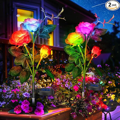 Anordsem Rose Lights Solar Powered for Women: Garden Light Waterproof for Yard Decorations Outdoor - Flower Lamp Colorful Lighting Cemetery Decor - Mother's Day Birthday Gifts for Mom Wife