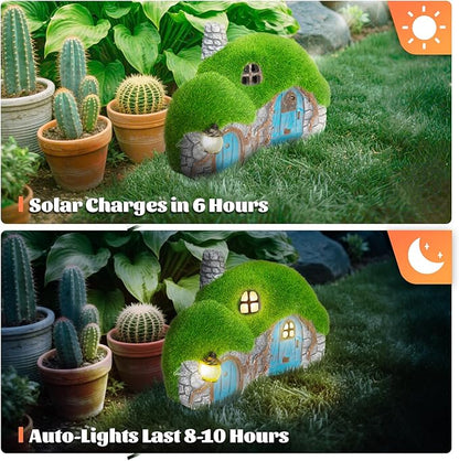 Outdoor Figurine Lights Garden House Statue - Outdoor Statues with Solar Lights Garden Cottage Lighting Figurines for Home or Yard Decor