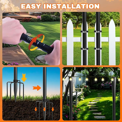 4 Pack 10Ft String Light Poles, Metal Poles with Fork for Outside Lights,Outdoor Metal Light Stand with Fence Brackets Hanging Lights for Garden Patio Wedding Backyard