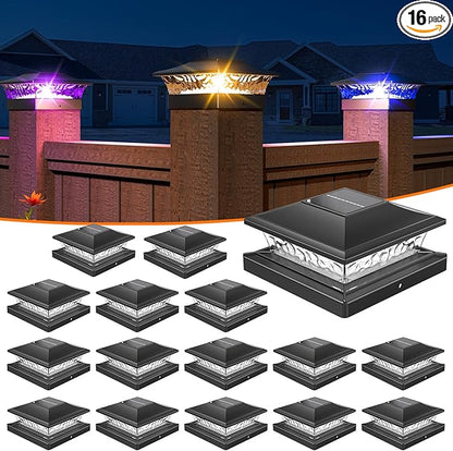 APONUO Solar Post Cap Lights with 8 RGB Solid Colors & Multicolor Flow - 16 Pack 6x6 Post Cap Solar Light, IP65 Waterproof - Fits 4x4 5x5 6x6 Wood & Vinyl Posts - Black