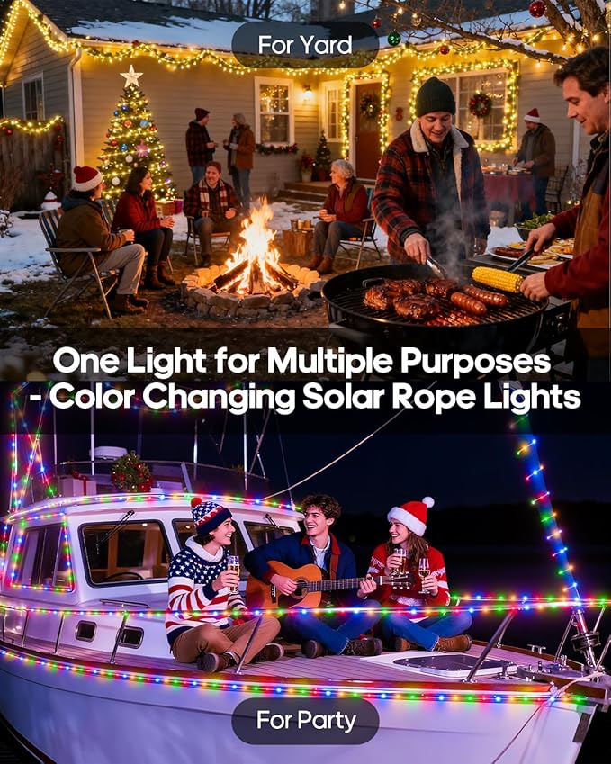 ICRGB Solar Rope Lights Outdoor, 66Ft 200LED 1800mAh Christmas String Lights with Remote, Type C, 19 Modes & Timer, IP67 Waterproof, Solar Light for Tree Patio Porch, Warm White to Multicolor