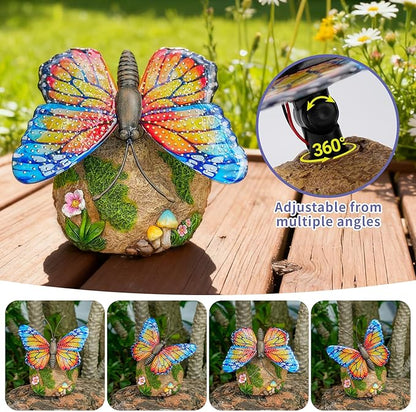 Solar Butterfly Garden Statue Weatherproof Outdoor Hand-Painted Decor Butterfly Resin Figurine Orange