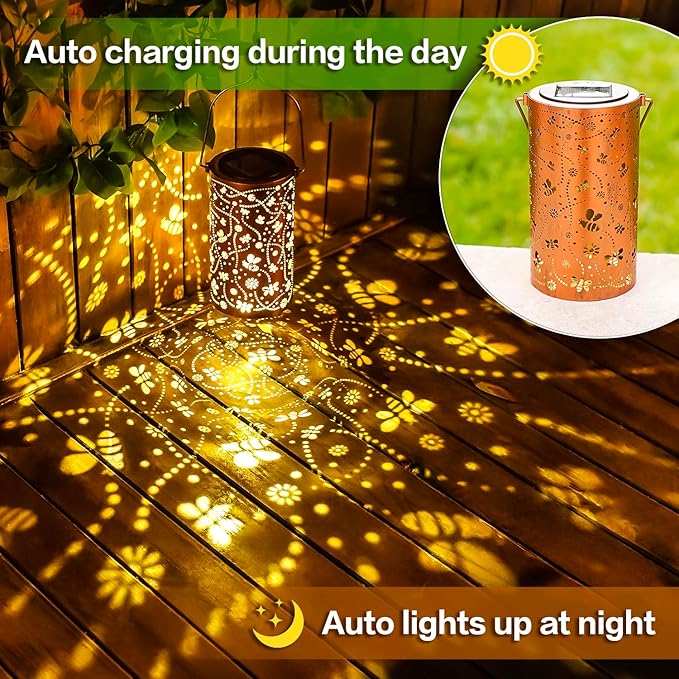 2 Pack Bee Solar Lanterns Outdoor Waterproof Hanging Solar Lights Bee Gifts for Women Men Metal Decorative LED Bee Lanterns for Garden Decor,Yard,Patio,Lawn,Tabletop,Pathway,Landscape