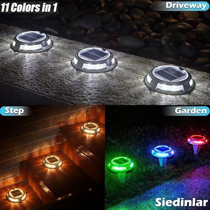 SIEDiNLAR Solar Driveway Lights Outdoor 16 LEDs 9 Modes, Dock Markers Deck Lights Waterproof Warning for Driveway Walkway Pathway Step Ground Yard Garden, RGB (4 Pack)