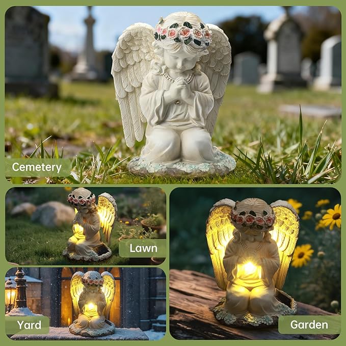 Solar Angel Garden Statue, Outdoor Decoration Lawn Ornaments for Yard, Praying Angle Figurine with LED Lights for Cemetery, Garden Gifts for Women Mom Grandma